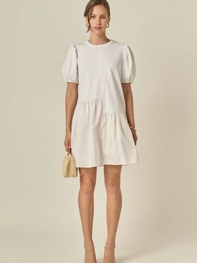 English Factory White Puff Sleeve Tiered Mini Dress